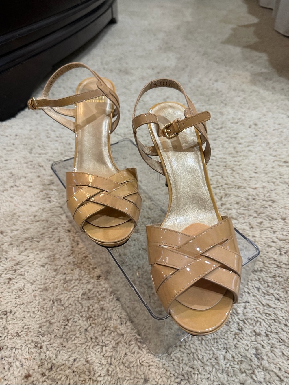 Stuart Weitzman Nude Patent Leather Crisscross Ankle-Strap Heels